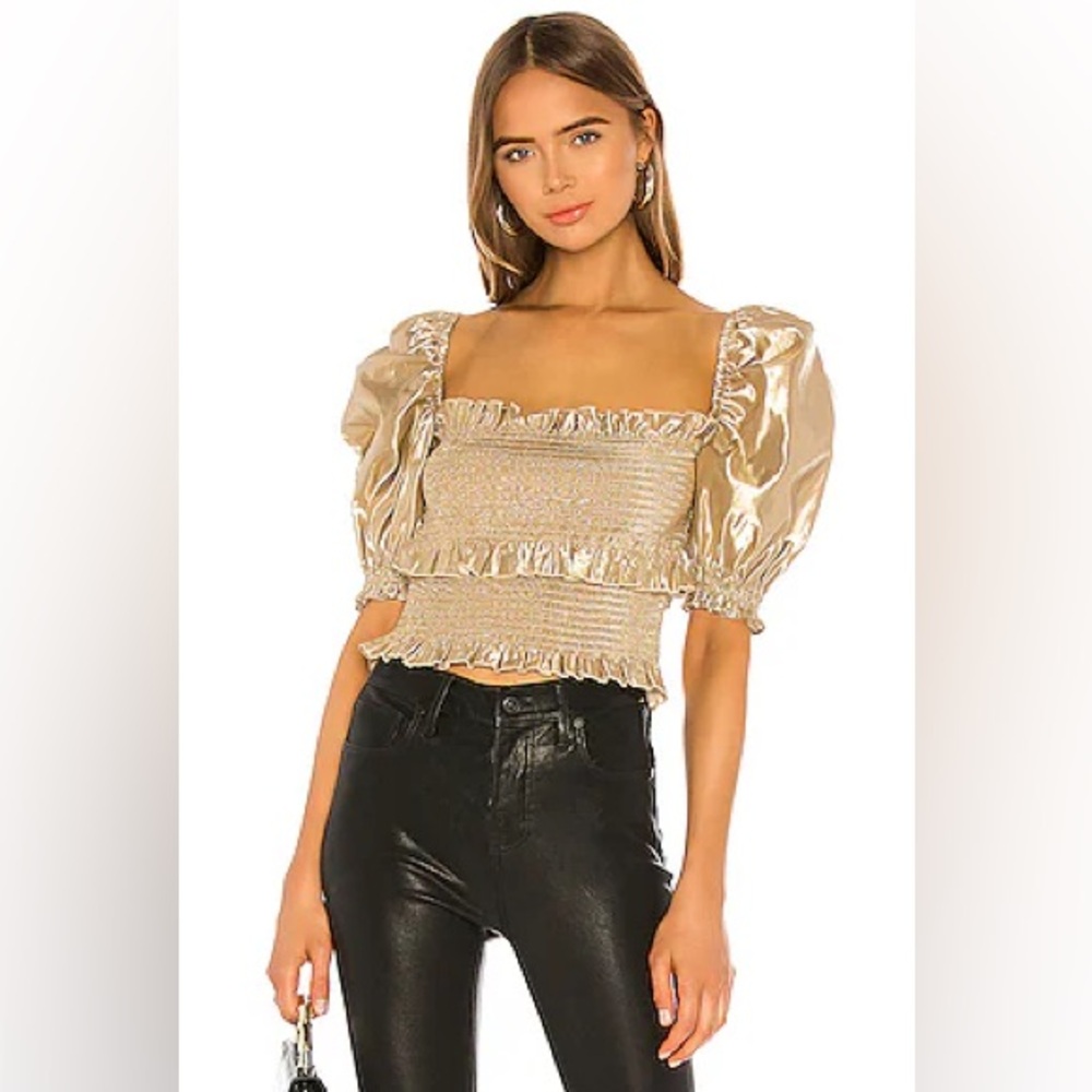 V. Chapman Champagne Smocked Puff Sleeve Crop Top